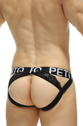 Black lace thong with wide waistband and white lettering from petitq jockstrap luscan lace black collection