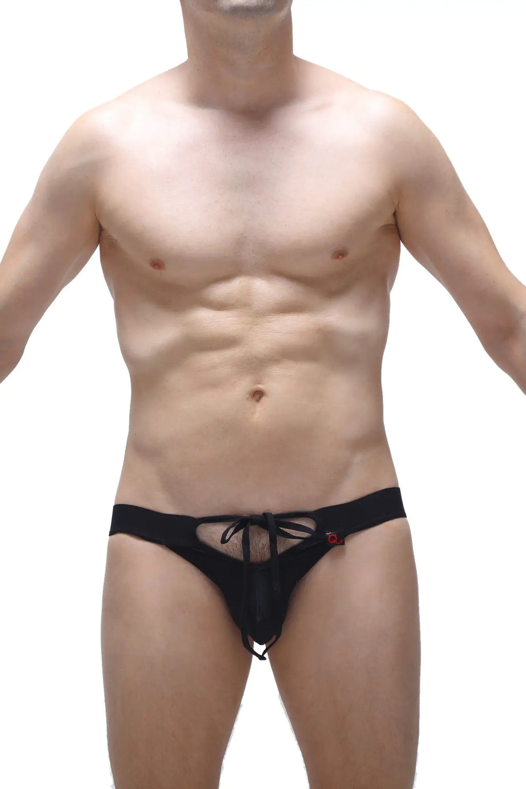 PetitQ jockstrap merpins black mesh briefs with tied waistband and small red logo on the side