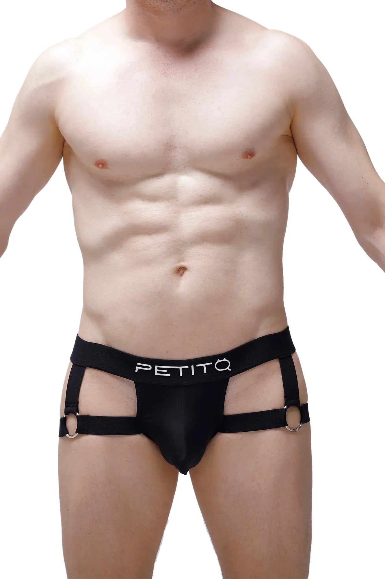 Black petitq brand men’s briefs with side straps and metal rings designed as a jockstrap for support