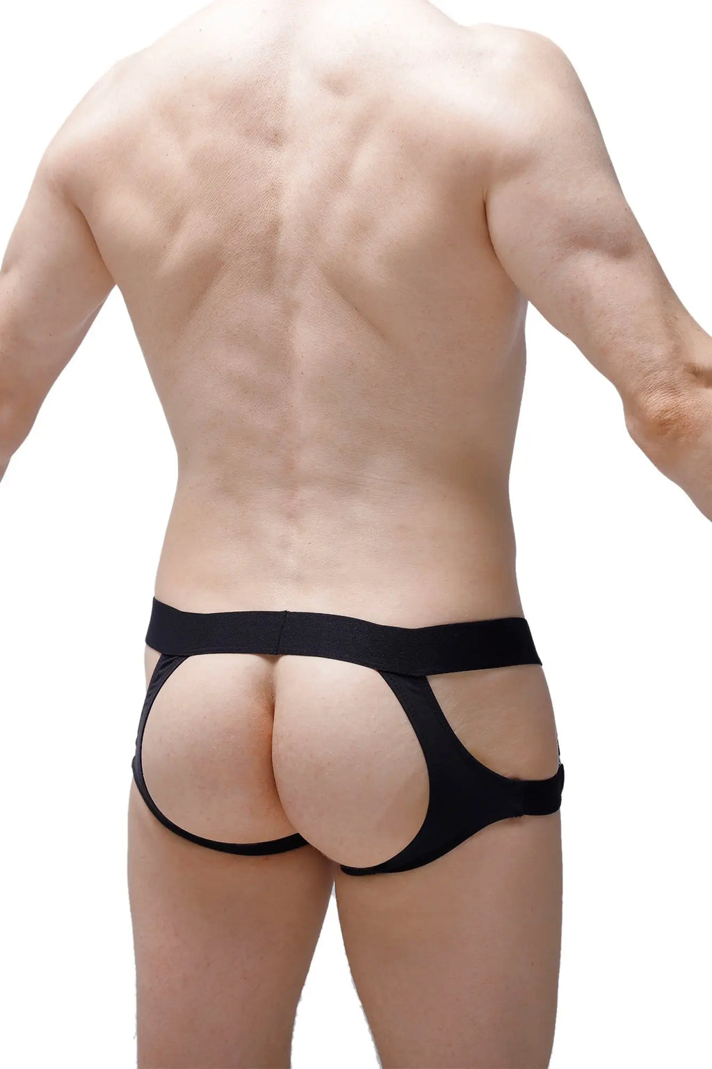 Black petitq jockstrap mijoux briefs with a wide waistband and cut-out sides in form-fitting high-cut design