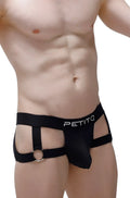 Black petitq jockstrap mijoux harness-style briefs with central pouch side straps and silver ring detail