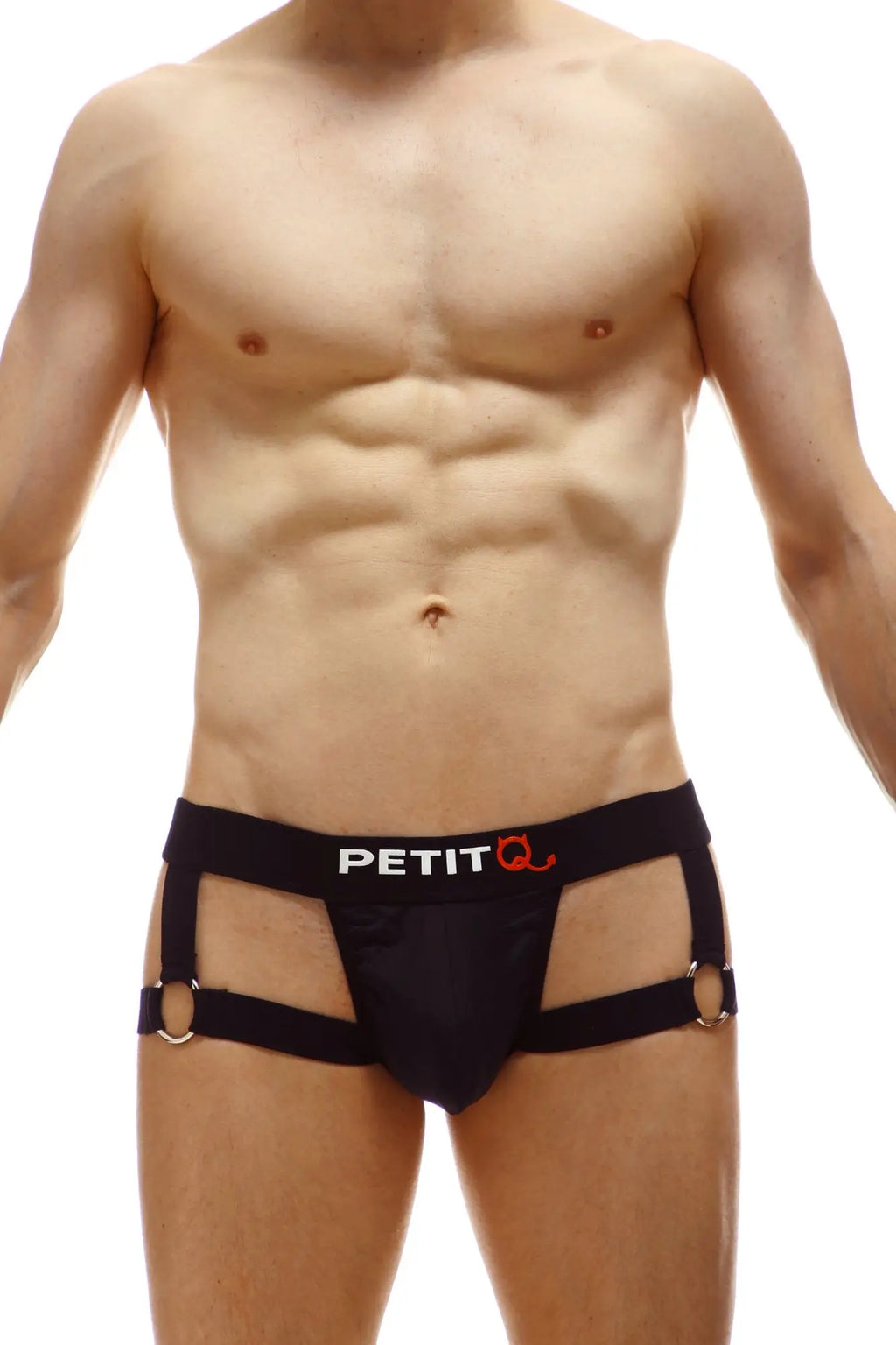 Black petitq men’s briefs with side straps and metal rings designed as a jockstrap mijoux noir style
