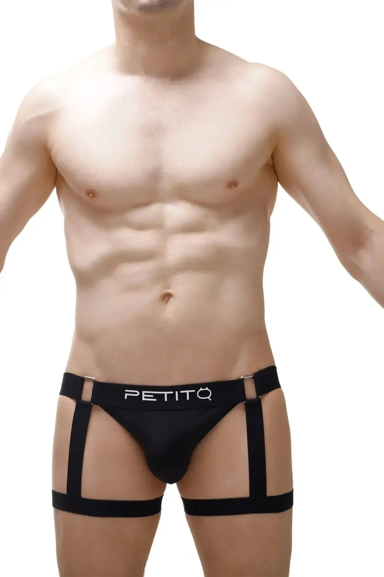 Black petitq jockstrap with four adjustable straps and white petitq logo on central waistband in mirbel black 2023 style