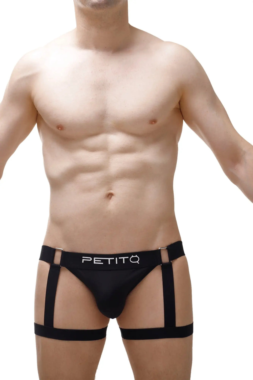 Black petitq jockstrap with four adjustable straps and white petitq logo on central waistband in mirbel black 2023 style