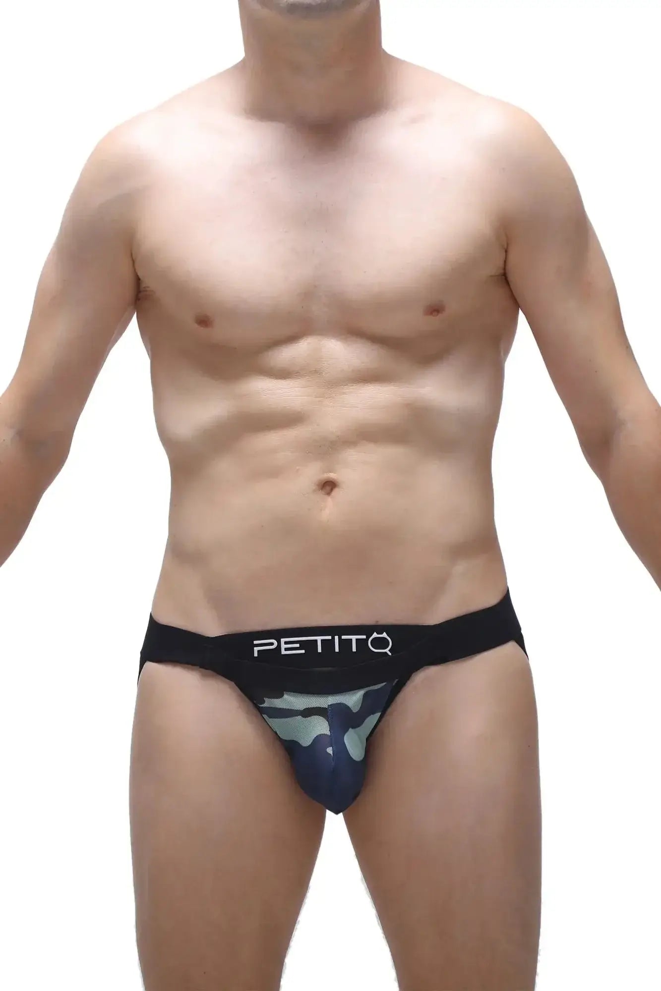 Black and navy blue camouflage petitQ jockstrap briefs with a white logo waistband from the Monviel net camo line