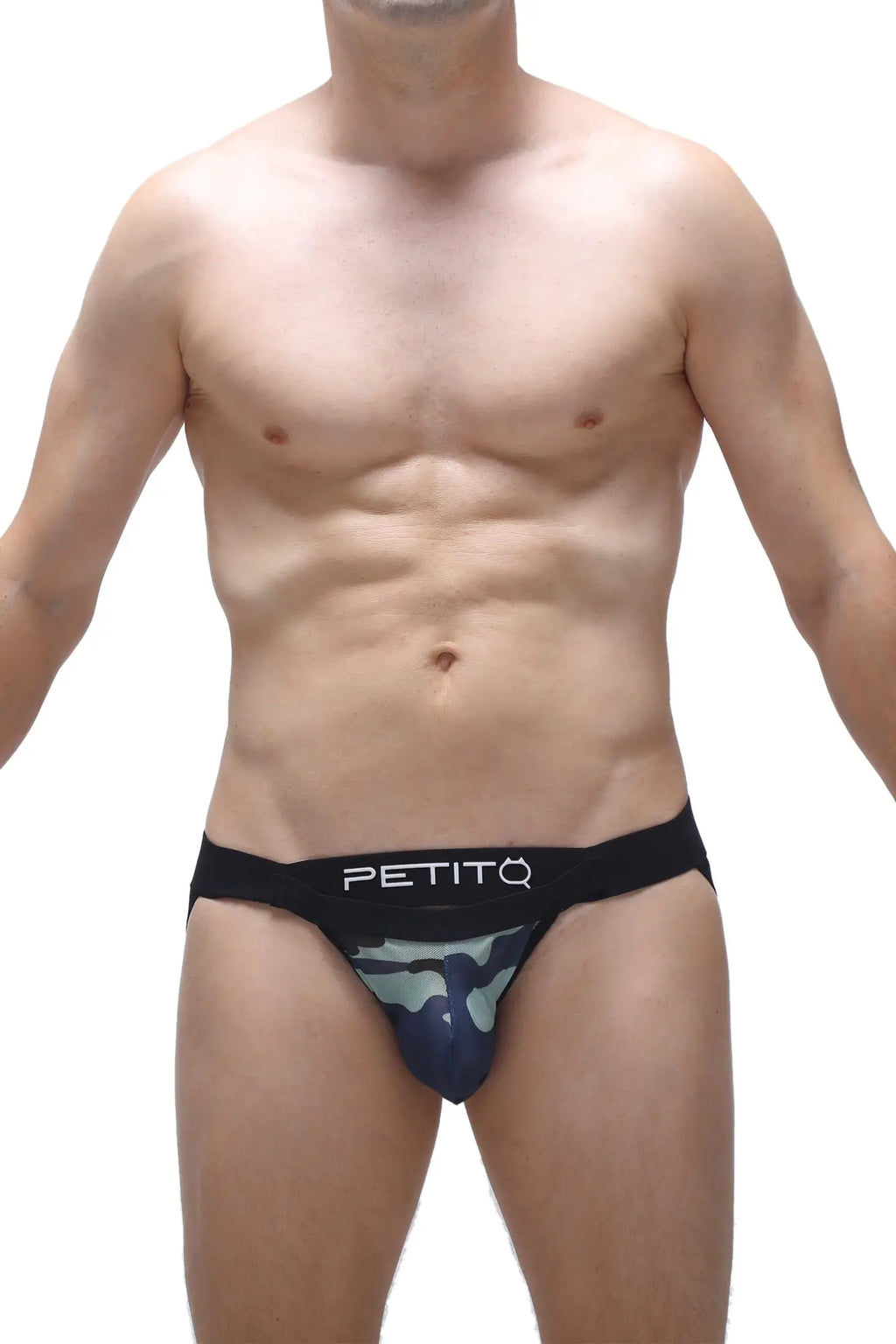 Black and navy blue camouflage petitQ jockstrap briefs with a white logo waistband from the Monviel net camo line