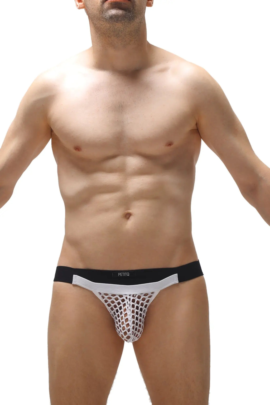 Black and white mesh briefs with branded waistband from PetitQ jockstrap monviel white collection front view