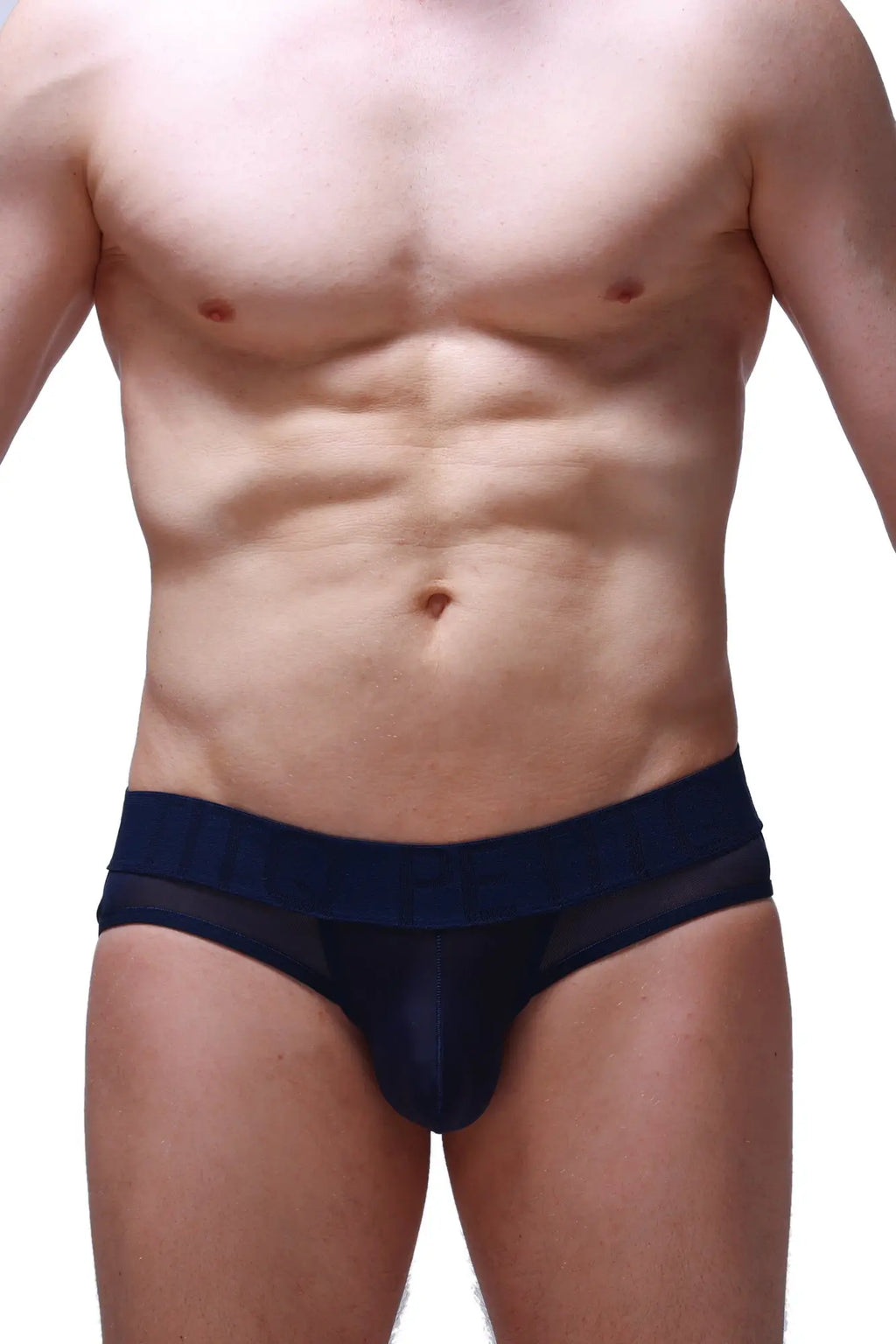 Navy blue mesh jockstrap briefs with solid waistband by petitq shown from the back side