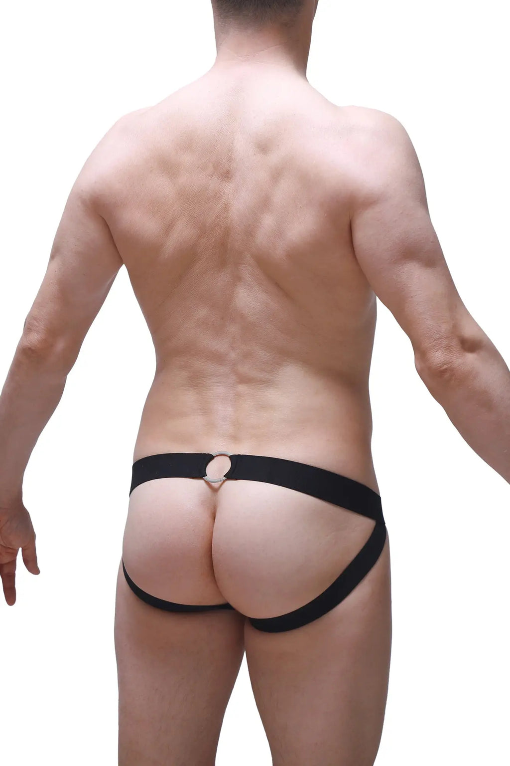 Back view of petitq jockstrap moys panthere black athletic briefs with central circular metallic clasp