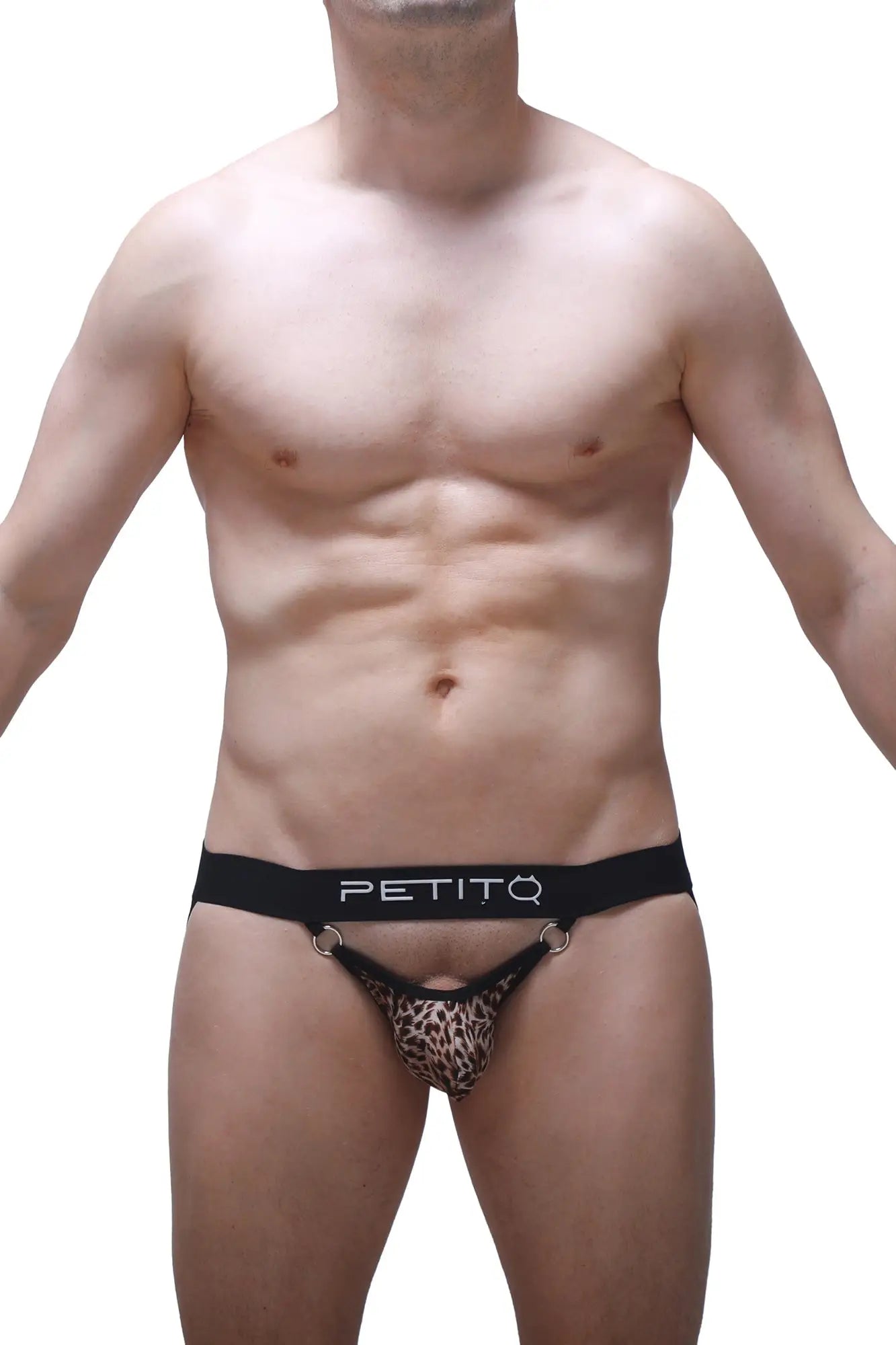Black and tan leopard-print thong with black waistband featuring petitq logo from PetitQ jockstrap Moys Panthere collection