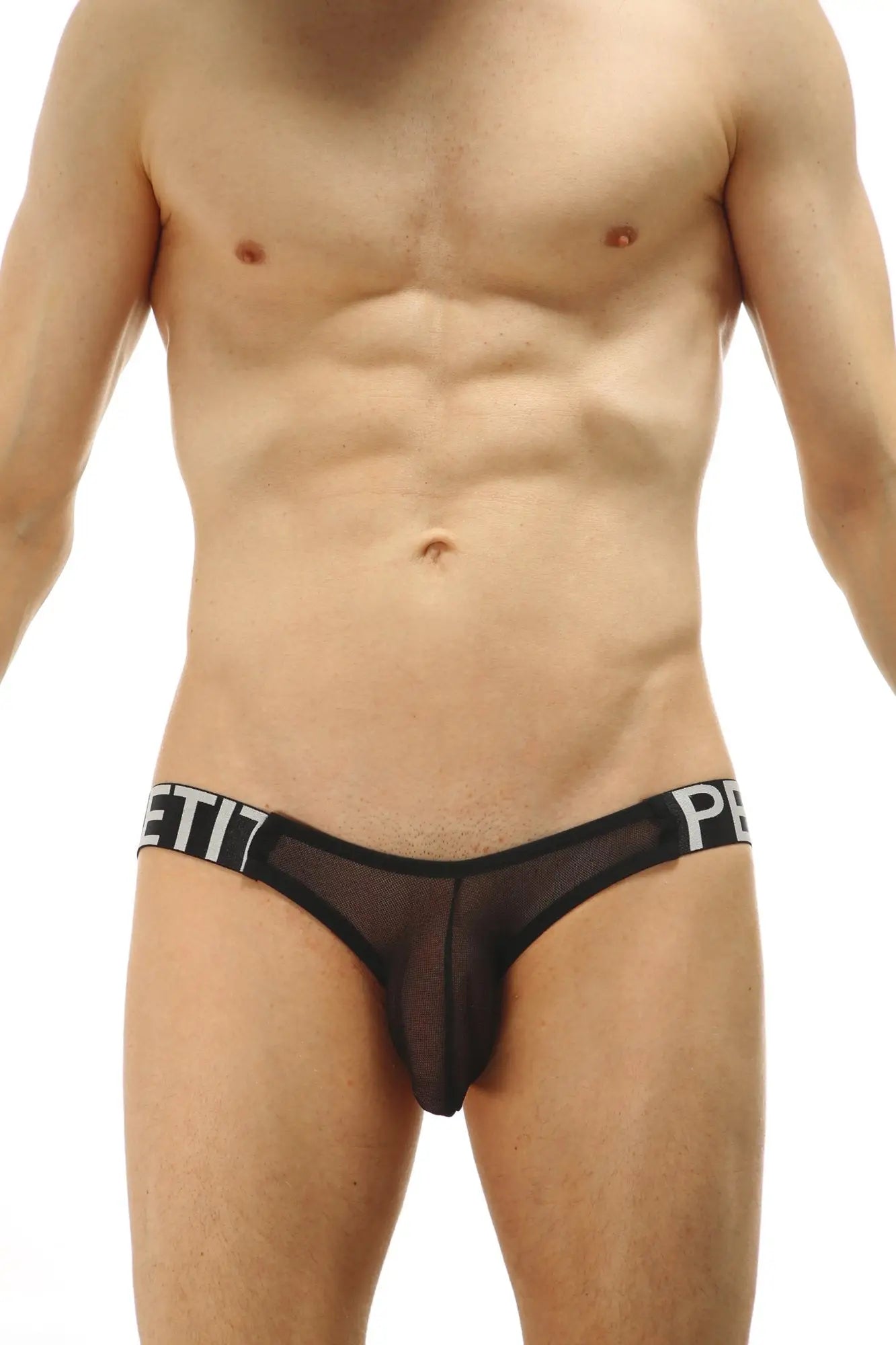 Black sheer mesh briefs petitq jockstrap muy net black with black elastic waistband and white lettering