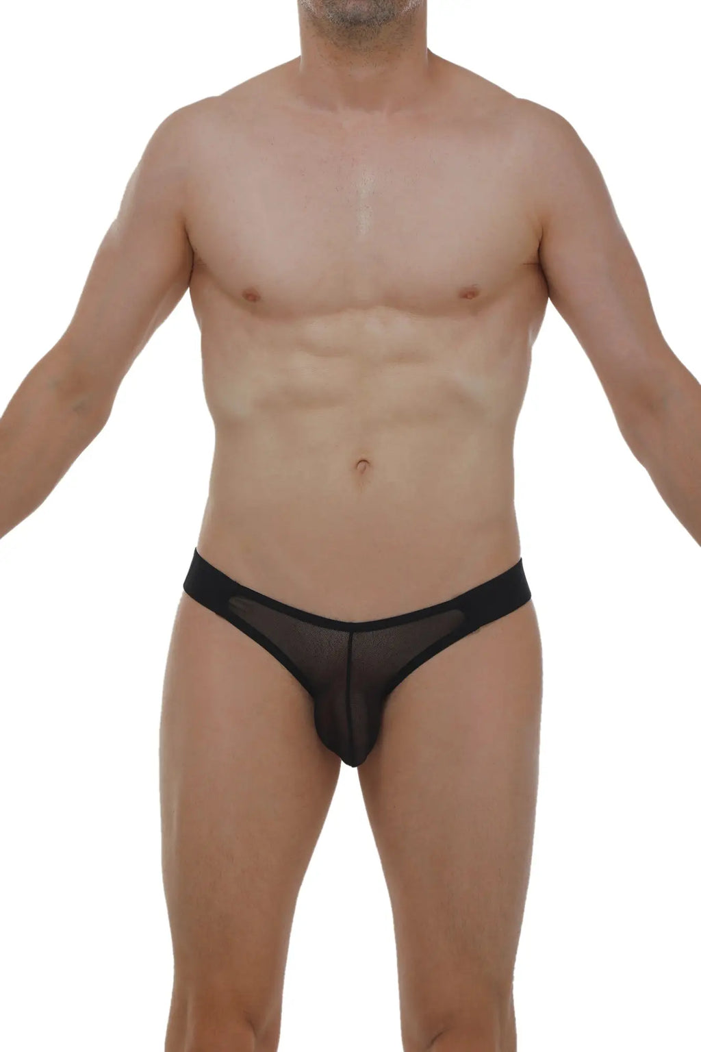 Black sheer mesh briefs with solid black waistband from petitq jockstrap muy net black collection front view