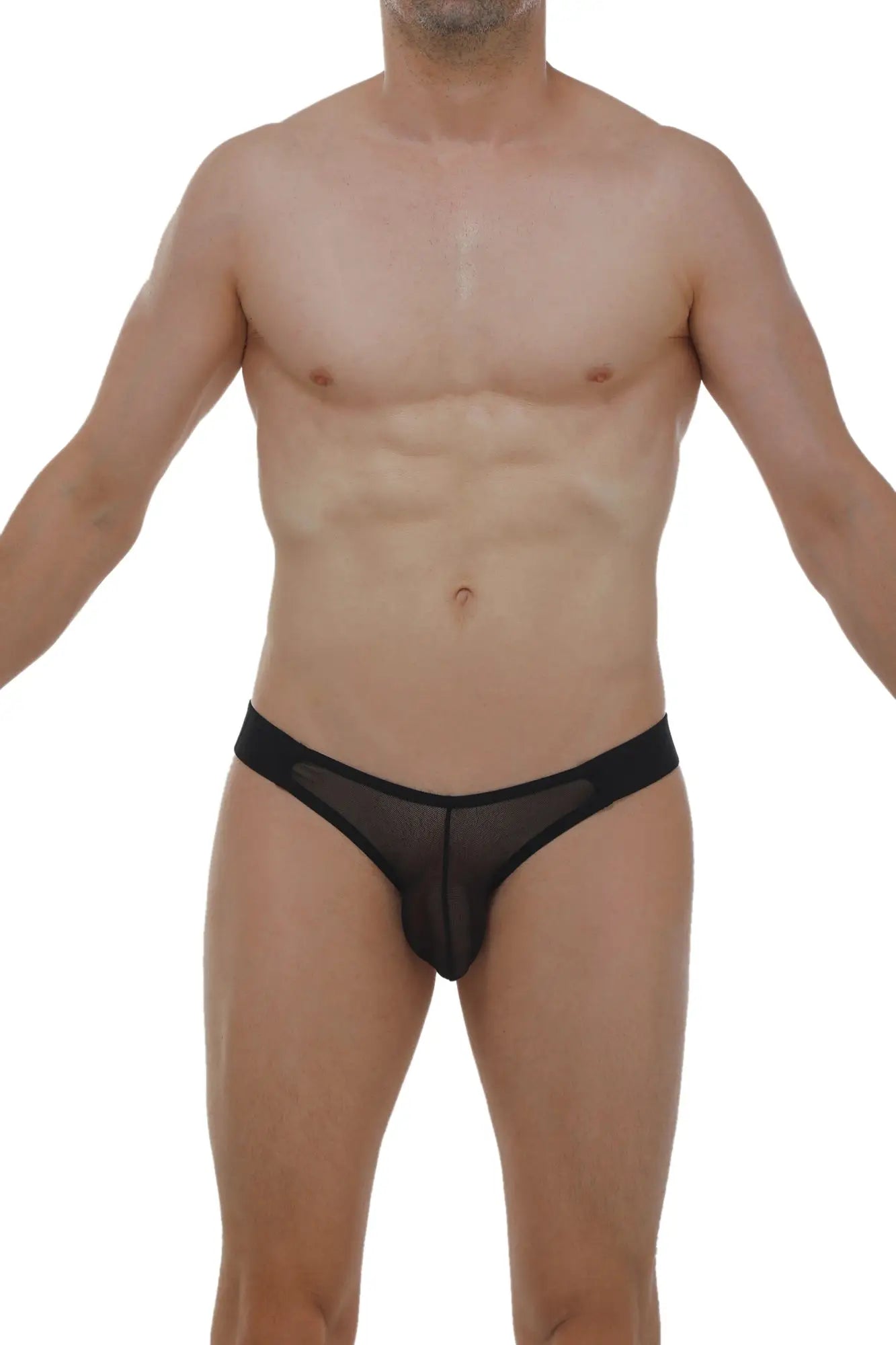 Black sheer mesh briefs with solid black waistband from petitq jockstrap muy net black collection front view