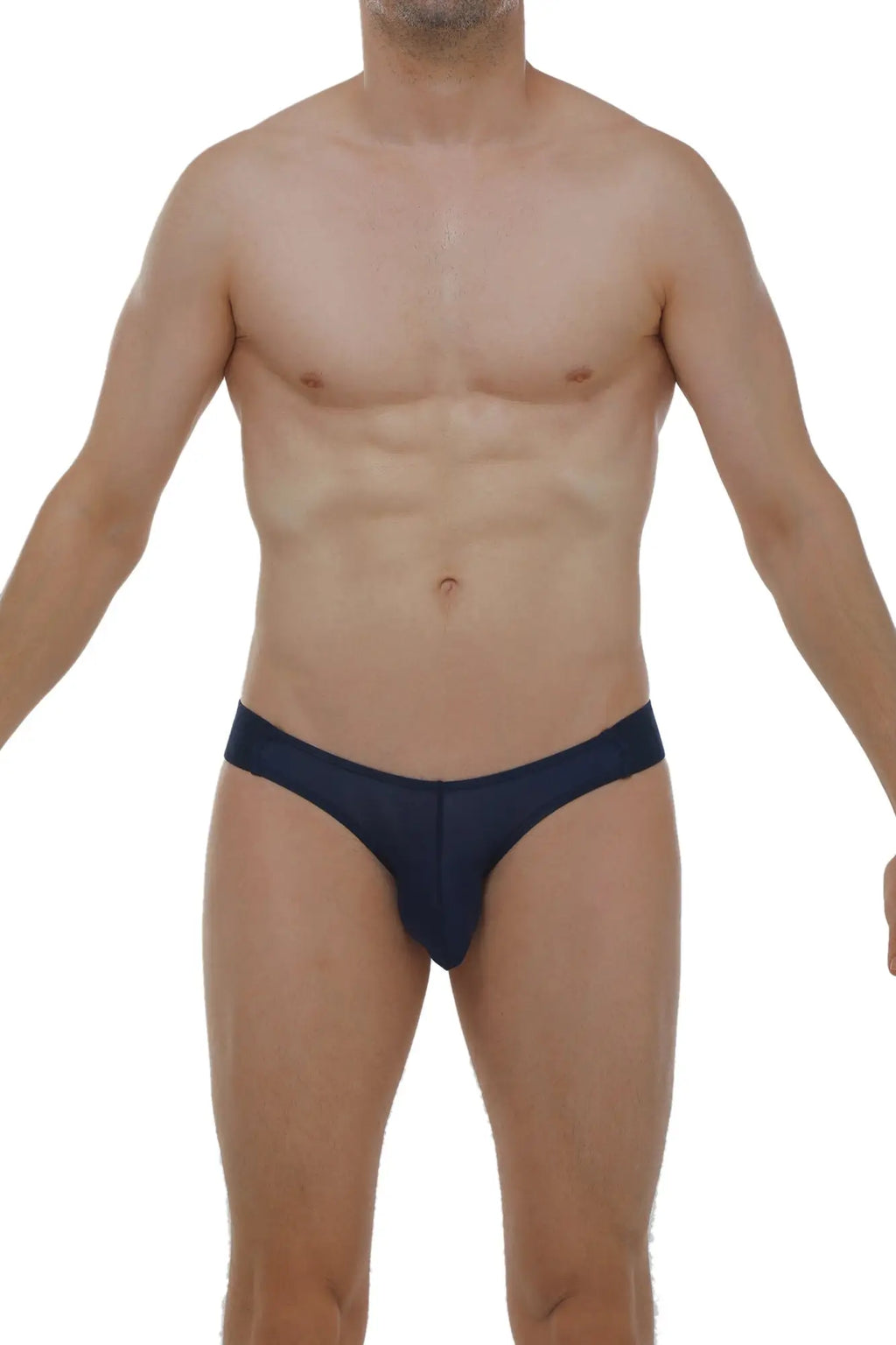 Navy blue PetitQ jockstrap men’s briefs with smooth form-fitting fabric and central seam detail front view