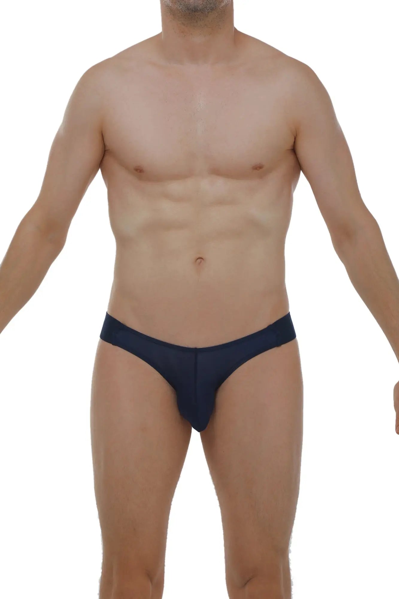 Navy blue PetitQ jockstrap men’s briefs with smooth form-fitting fabric and central seam detail front view