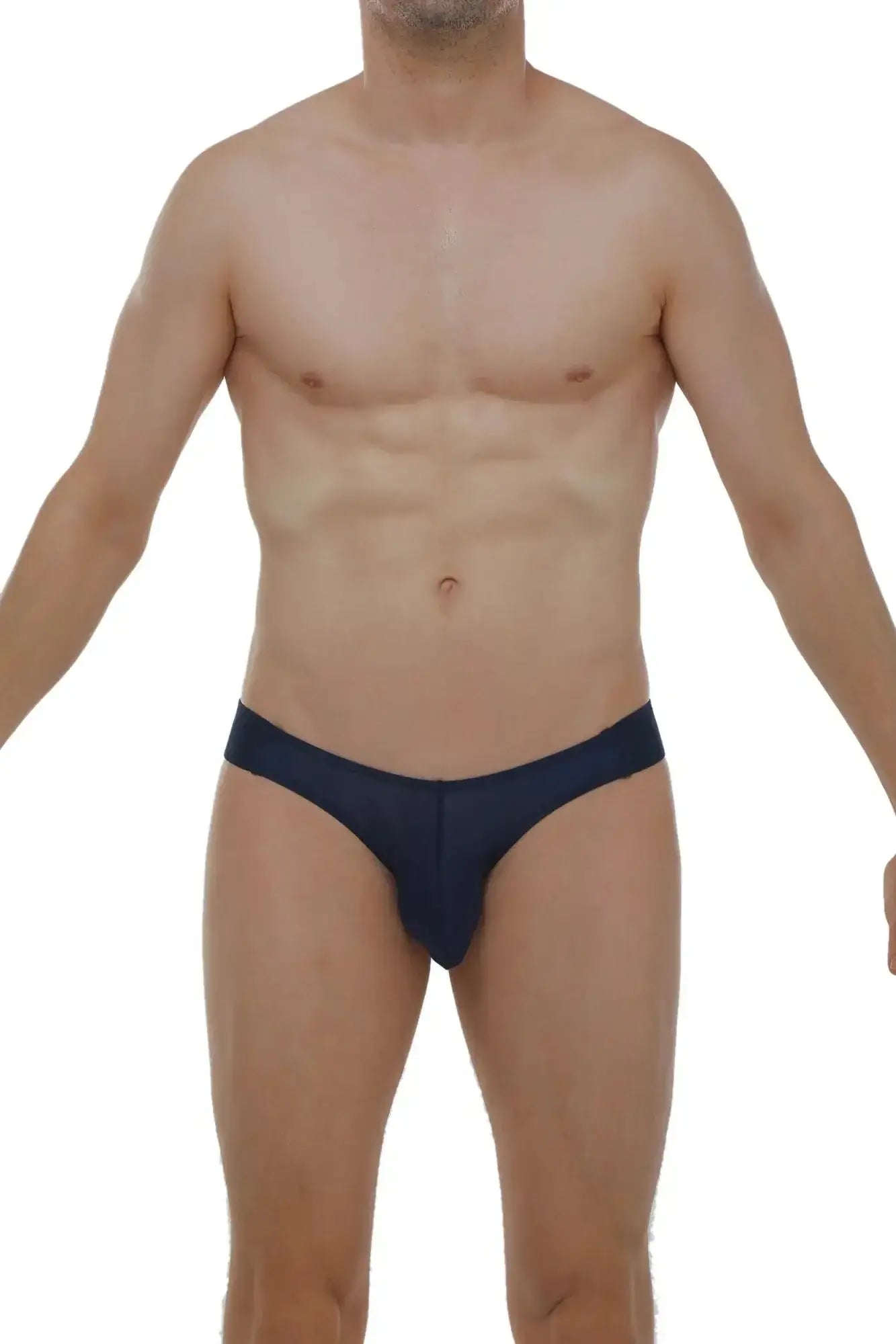 Navy blue PetitQ jockstrap men’s briefs with smooth form-fitting fabric and central seam detail front view