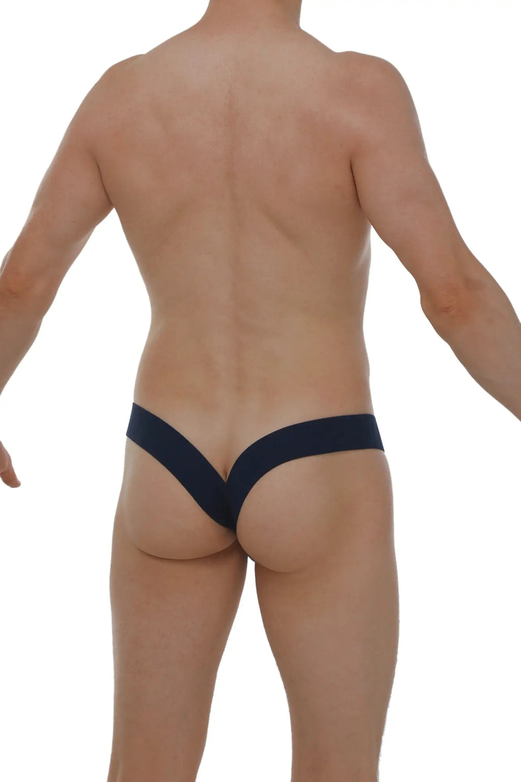 Back view of a petitq navy blue thong jockstrap with a v-shaped cutout designed for comfort and style