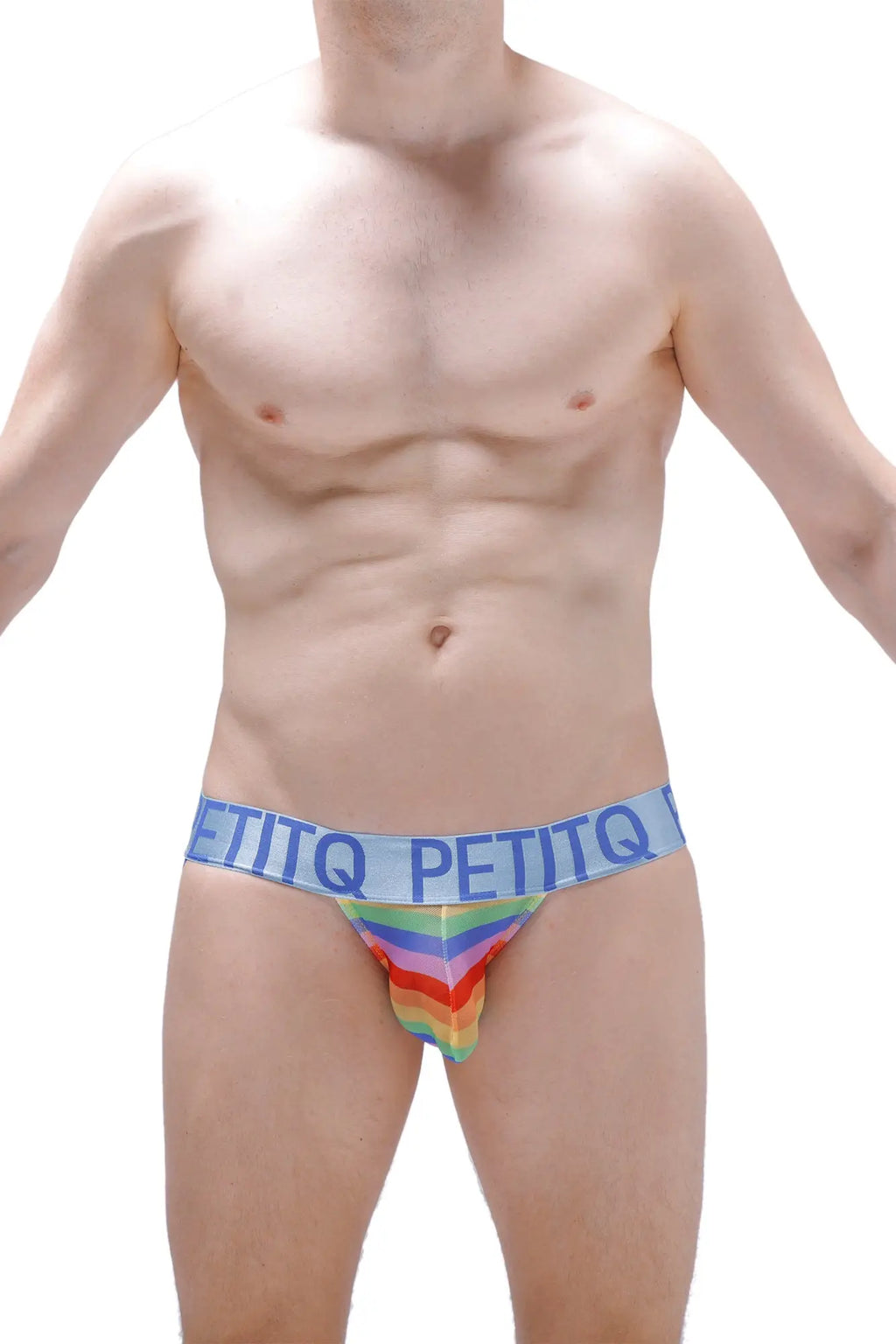 Rainbow-striped men’s briefs with a light blue waistband featuring petitq branding in bold black letters