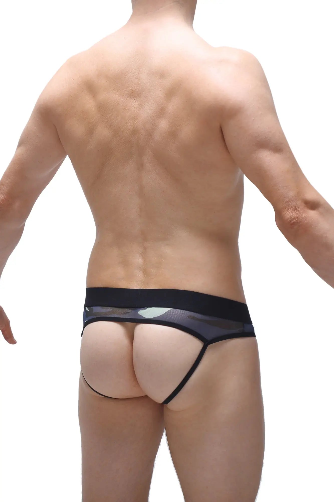 Petitq jockstrap open traist net camo black sheer mesh briefs with solid waistband and leg openings front view
