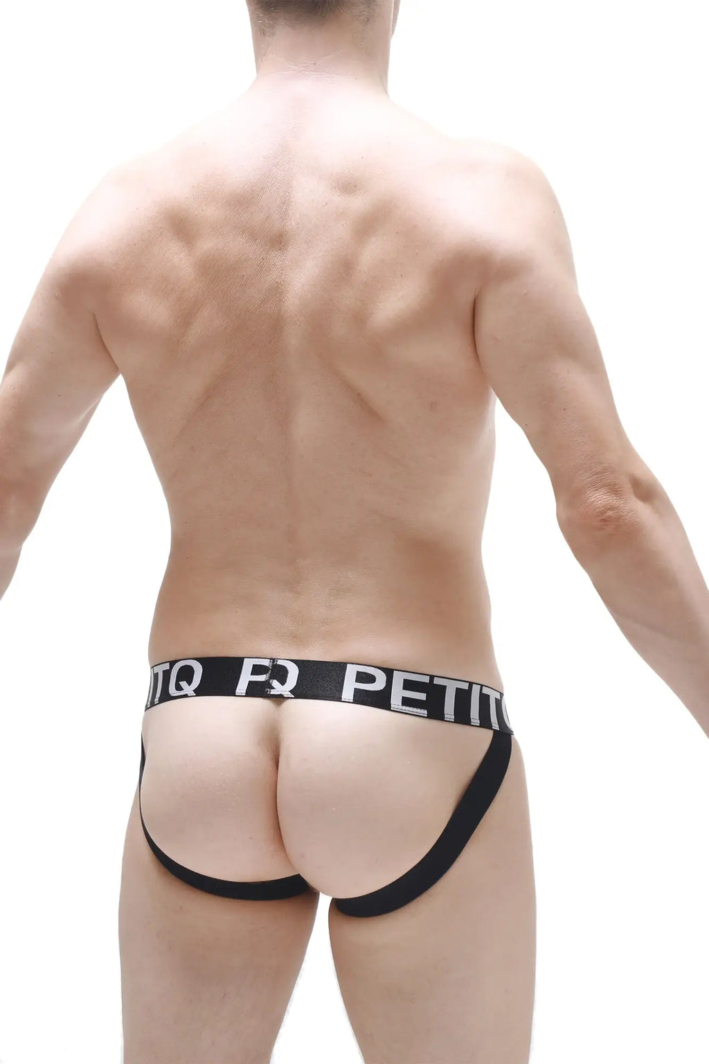 Black petitq jockstrap with pad featuring bold white logo band across the waistband for athletic support