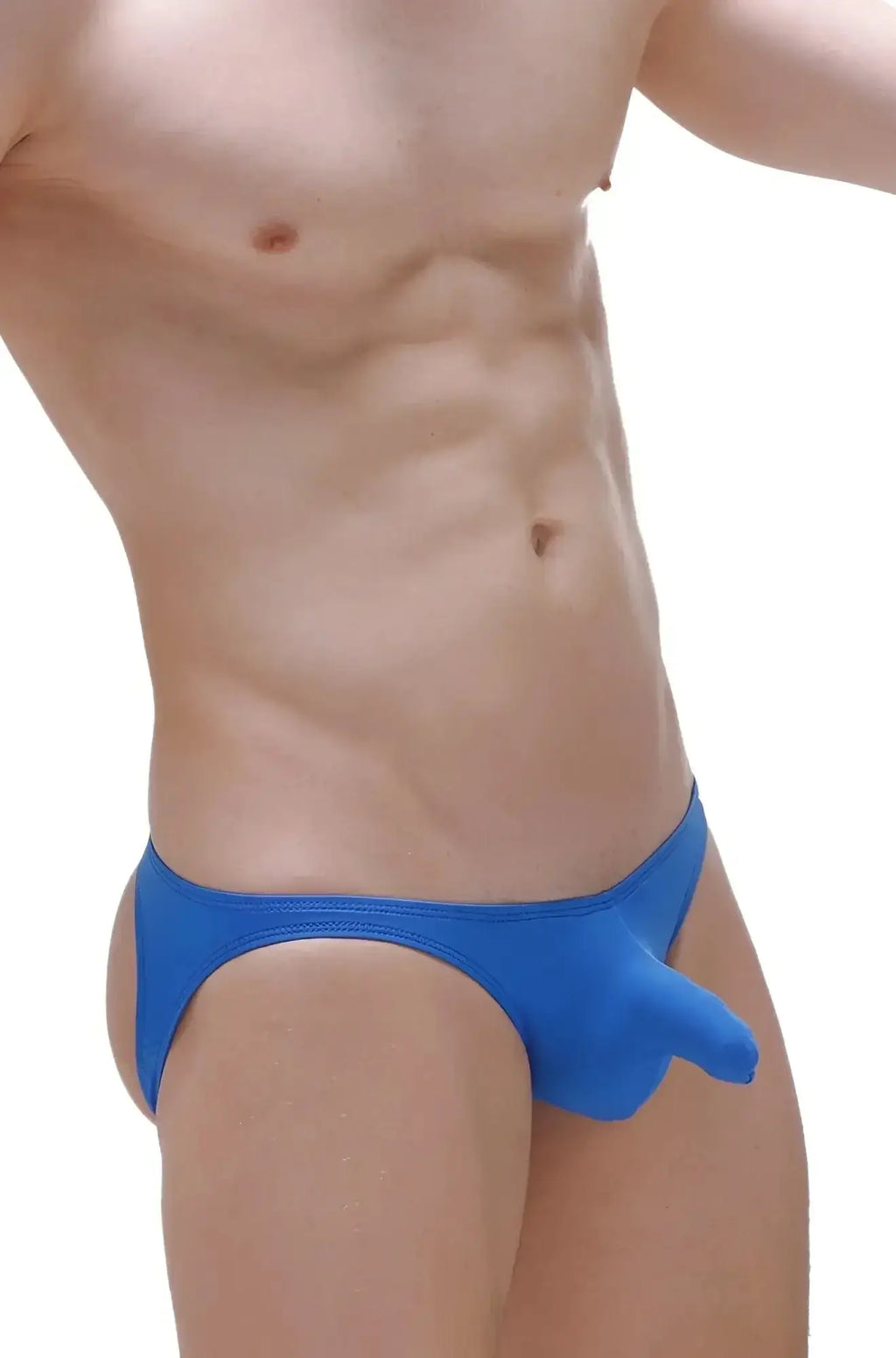 PetitQ jockstrap pic plum blue bright blue form-fitting swim trunks with smooth stretchy fabric and distinctive pouch design