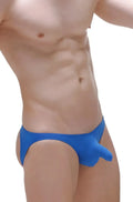 PetitQ jockstrap pic plum blue bright blue form-fitting swim trunks with smooth stretchy fabric and distinctive pouch design