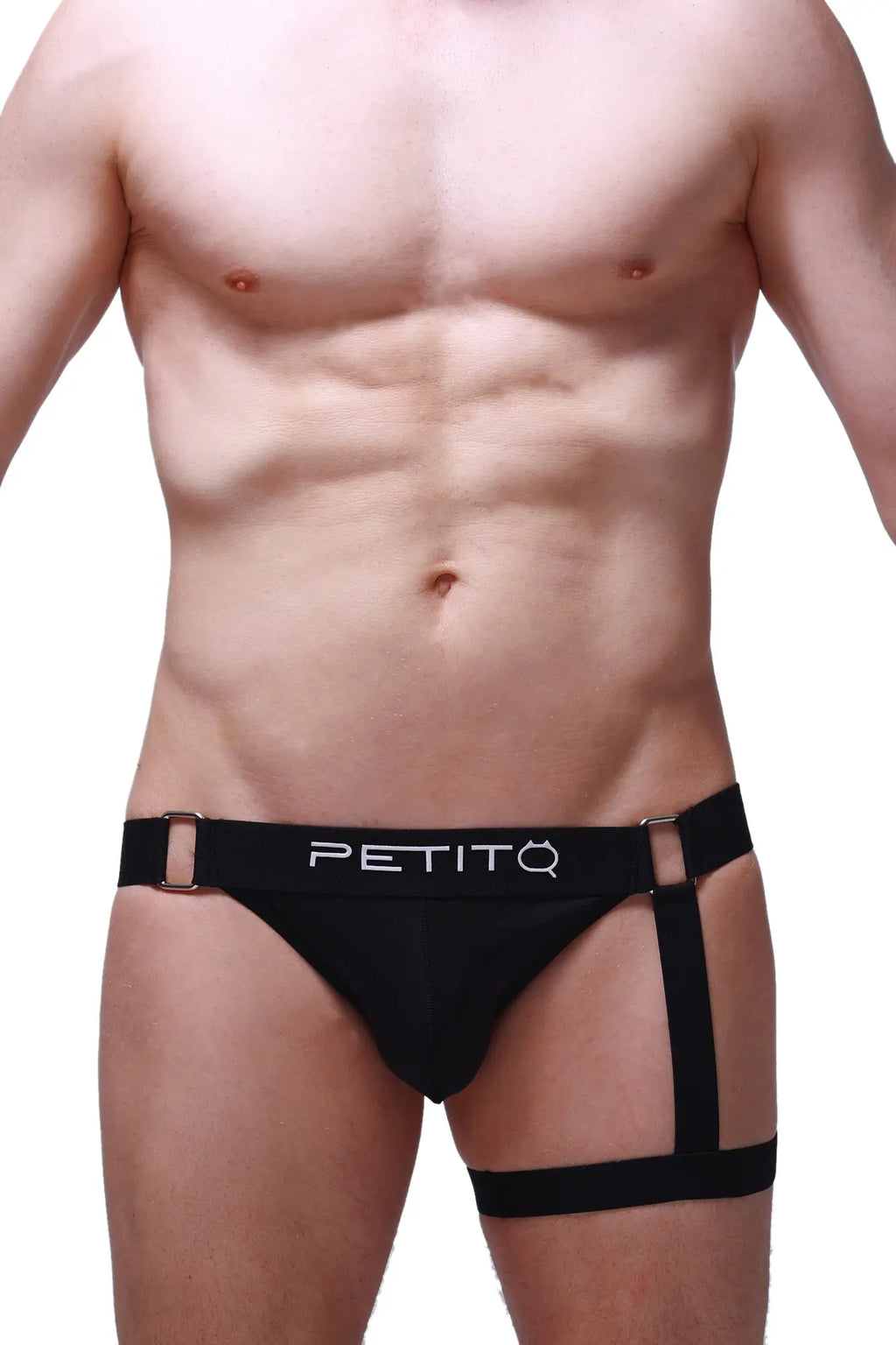 Black petitq jockstrap prenay briefs with harness design and metallic buckles for edgy underwear style