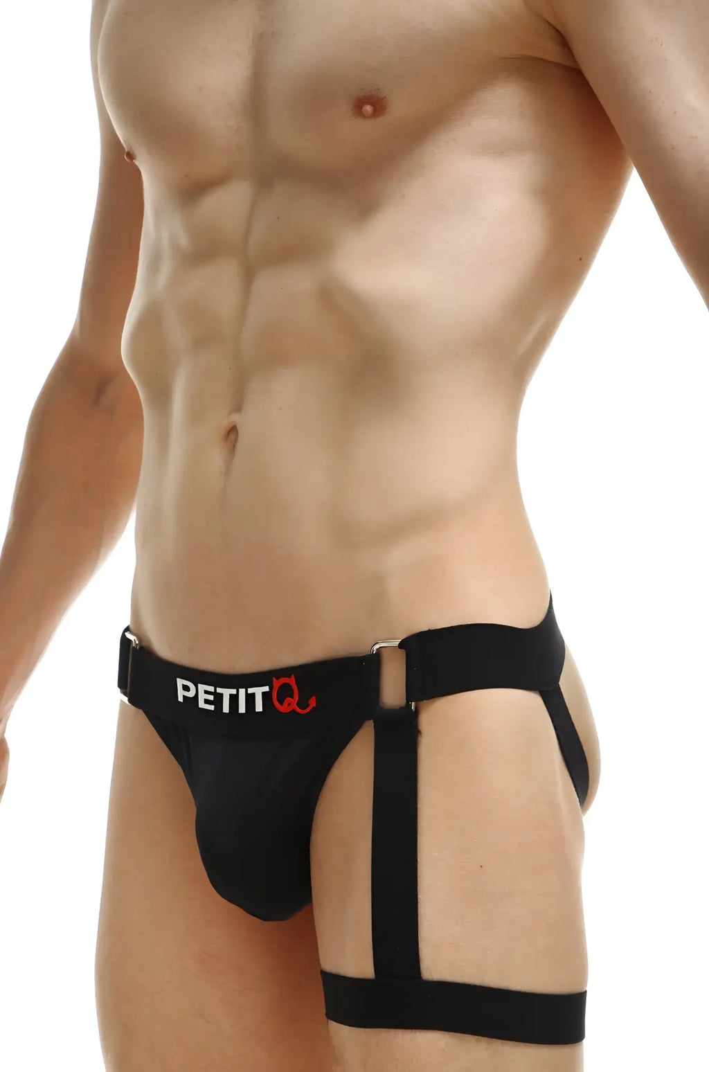 Black petitq jockstrap prenay men’s briefs with supportive strappy design and red logo on waistband front view