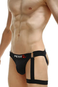 Black petitq jockstrap prenay men’s briefs with supportive strappy design and red logo on waistband front view