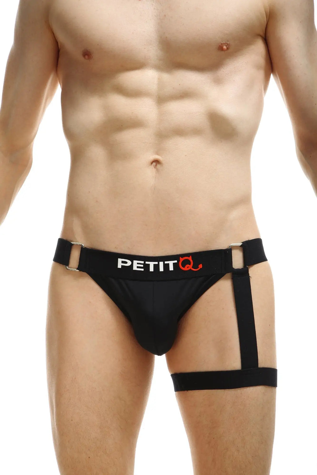 Black petitq jockstrap with supportive strappy design and silver metal clasps for men