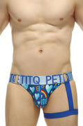Blue patterned petitq jockstrap prenay pride briefs with heart and rainbow designs and light blue branded waistband