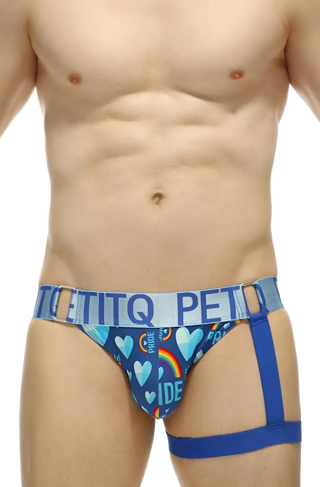 Blue patterned petitq jockstrap prenay pride briefs with heart and rainbow designs and light blue branded waistband