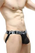 Black mesh briefs with a bold white petitq logo band from petitq jockstrap protruder durtol collection