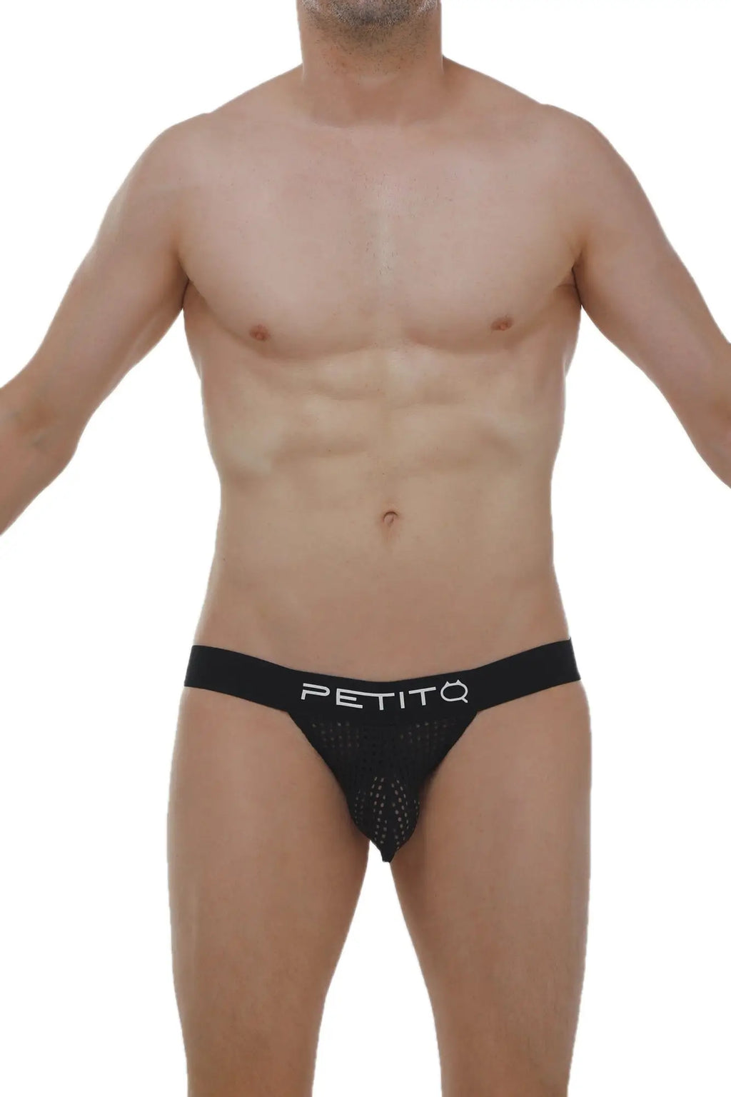 Black mesh petitq jockstrap protruder durtol briefs with white logo waistband showing front view