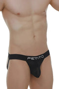 Black mesh jockstrap briefs with white petitq logo on waistband from petitq jockstrap protruder durtol black collection