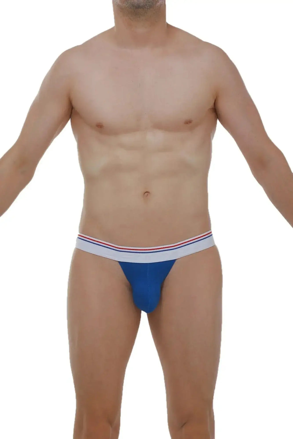 PetitQ Jockstrap Protruder Modal blue athletic briefs with white waistband and thin red and blue stripes