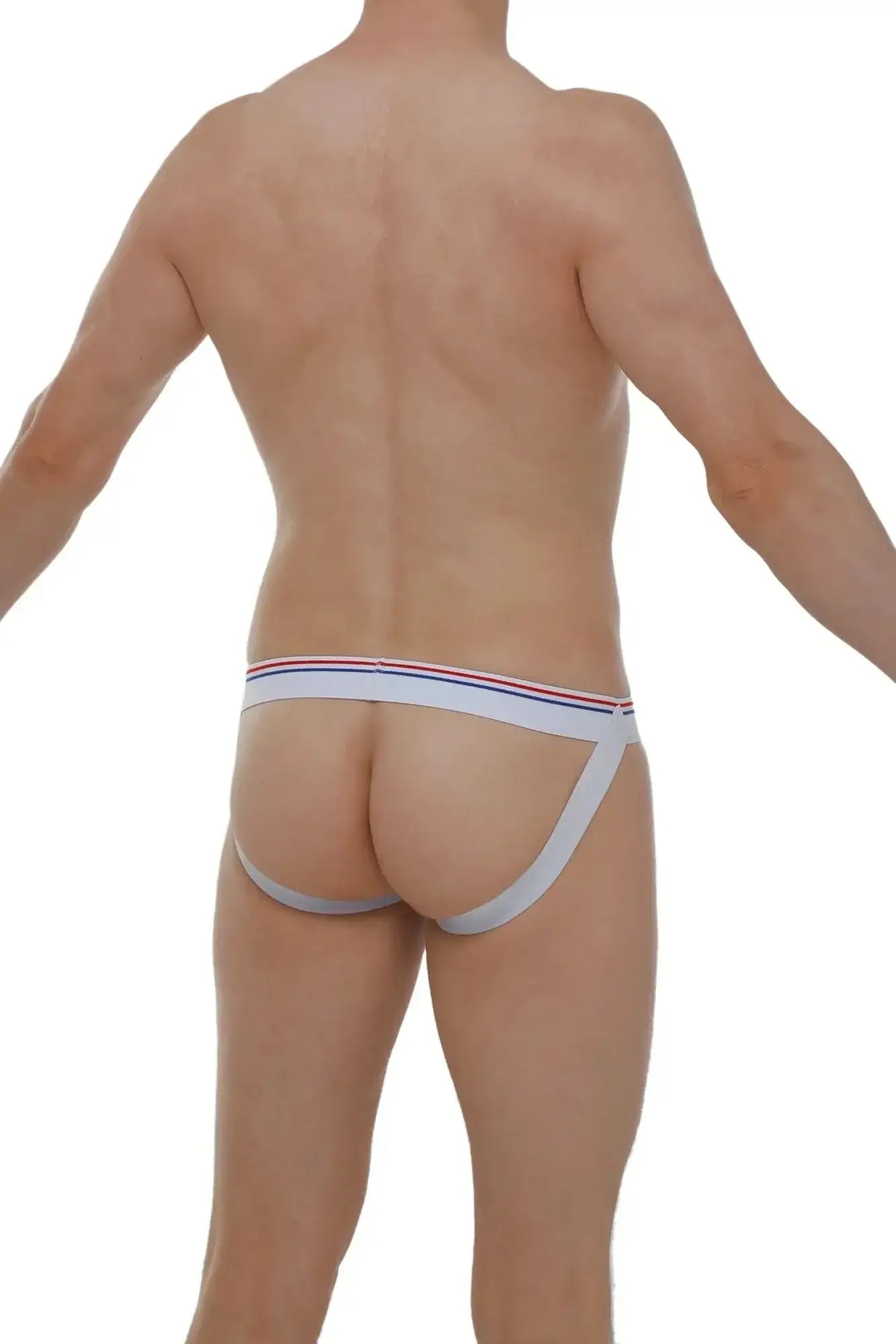 White athletic briefs with red and blue striped waistband made of modal fabric from petitq jockstrap protruder pro blue