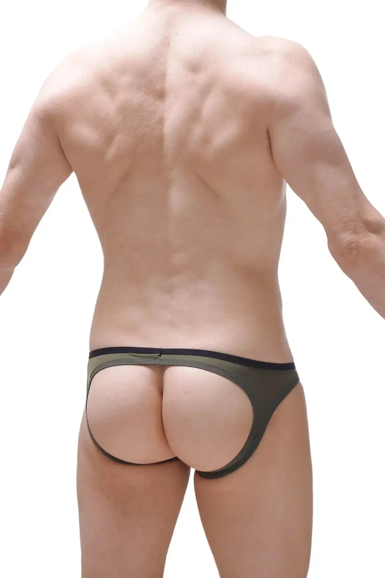 Olive green sheer mesh briefs with black trim from petitq jockstrap roppe plum green collection
