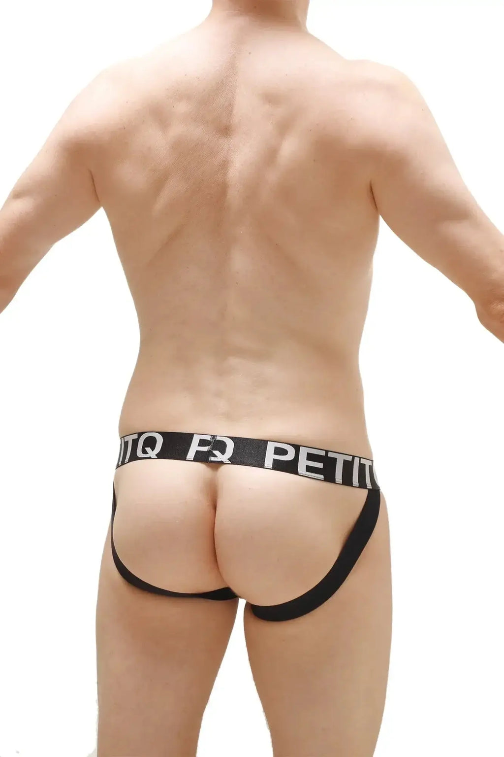 Black petitq jockstrap with white logo waistband and padded front for athletic support and comfort