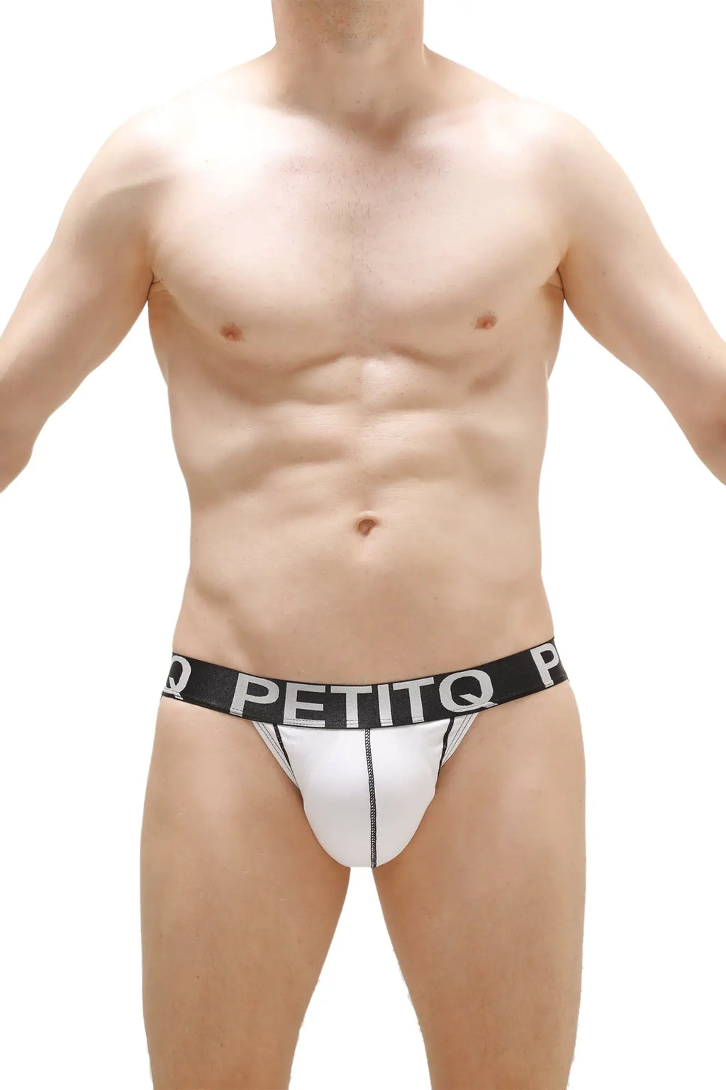 White petitq jockstrap with pad featuring black elastic waistband with brand name in bold white letters