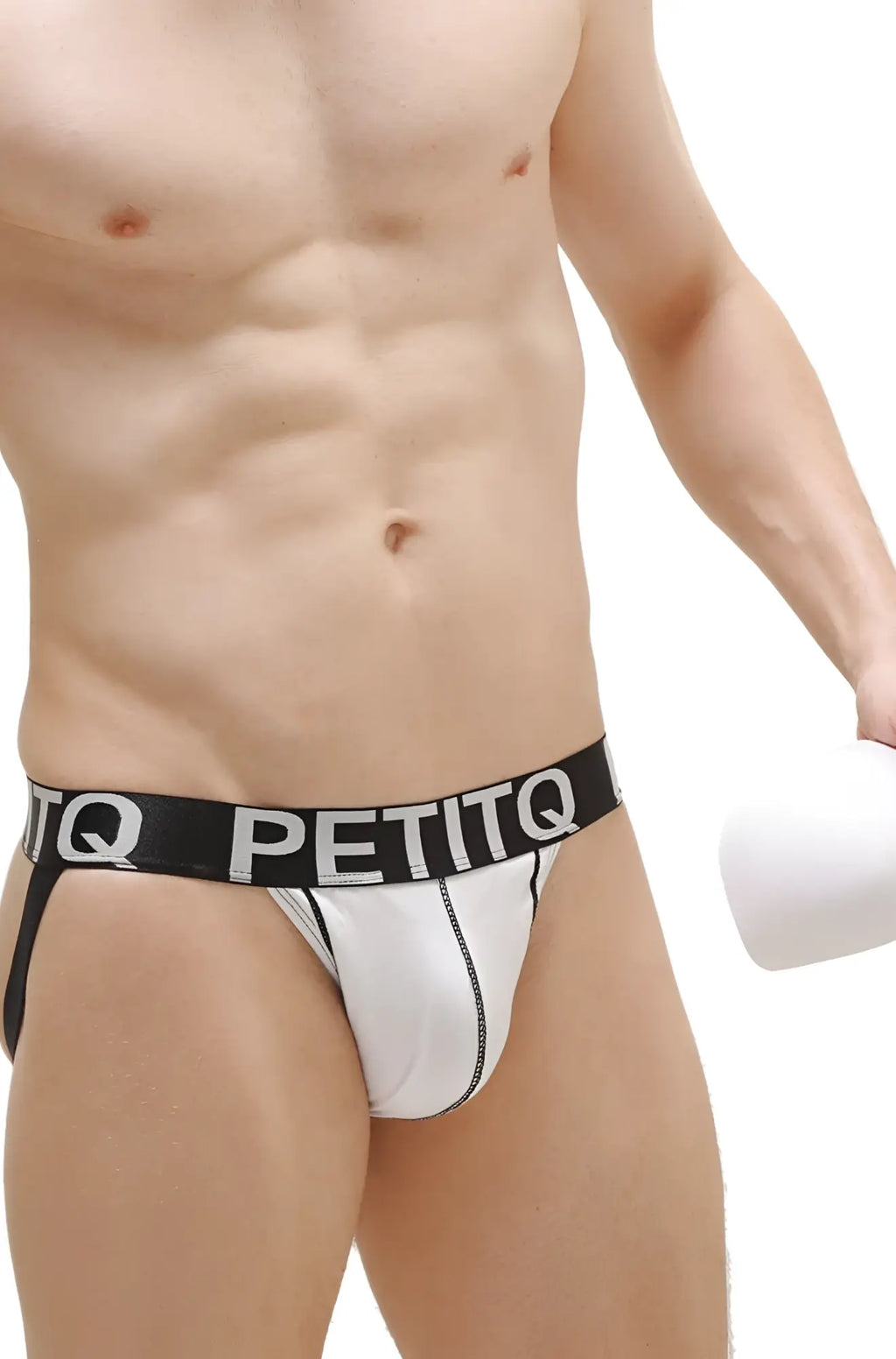 White PetitQ briefs with a black waistband featuring white lettering designed as a jockstrap with pad