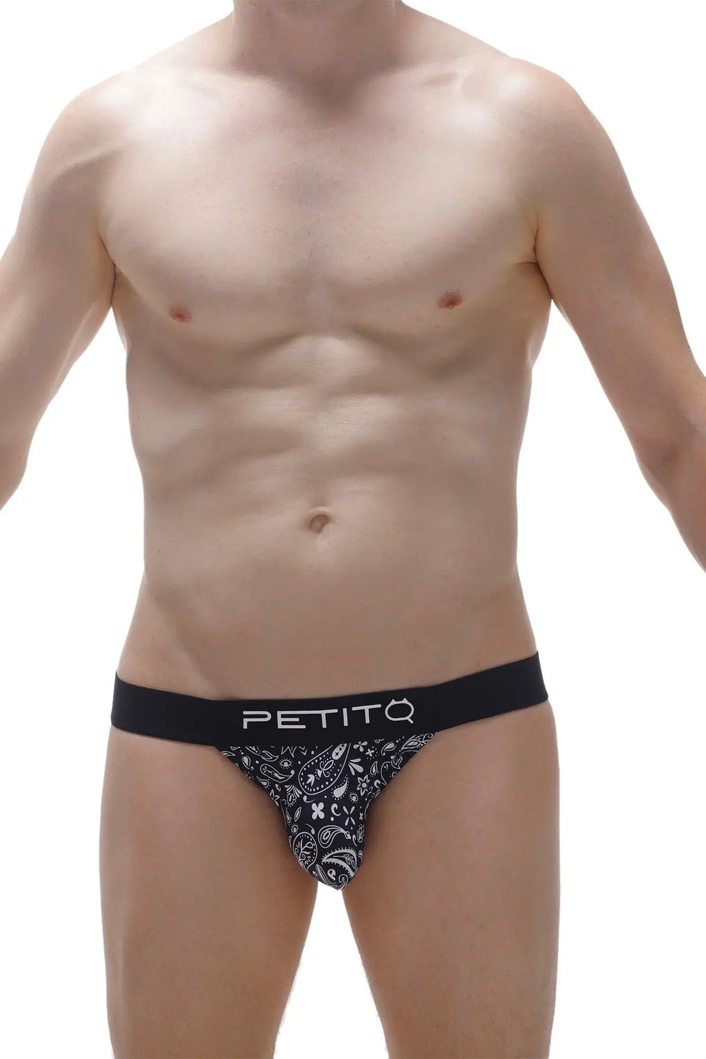 Black and white paisley-patterned petitq jockstring briefs with solid black waistband for comfortable wear