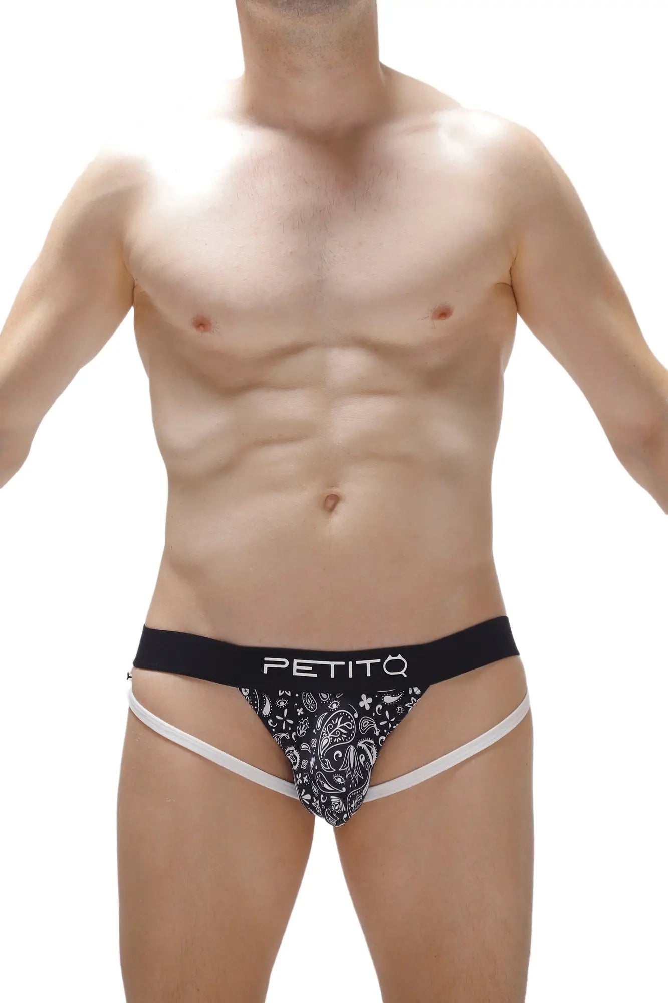 Black and white patterned men’s briefs with paisley design and petitq logo on waistband from petitq jockstring ardrier bandana black