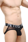 Petitq jockstring argein black briefs with black mesh and solid fabric and white petitq logo band