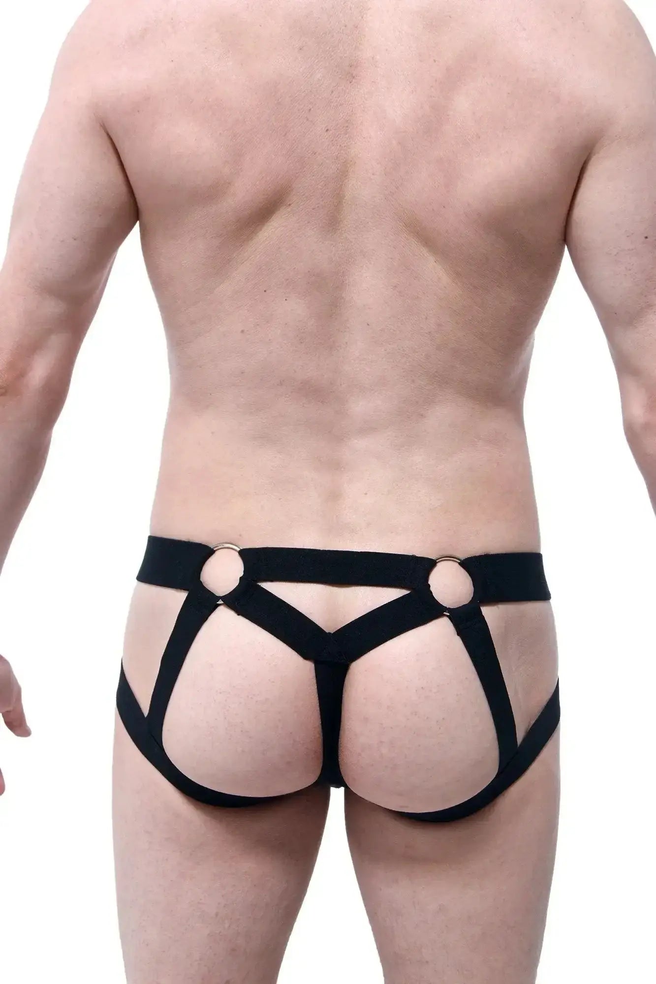 Black leather harness-style briefs with gold-toned metal rings petitq jockstring beast black front view