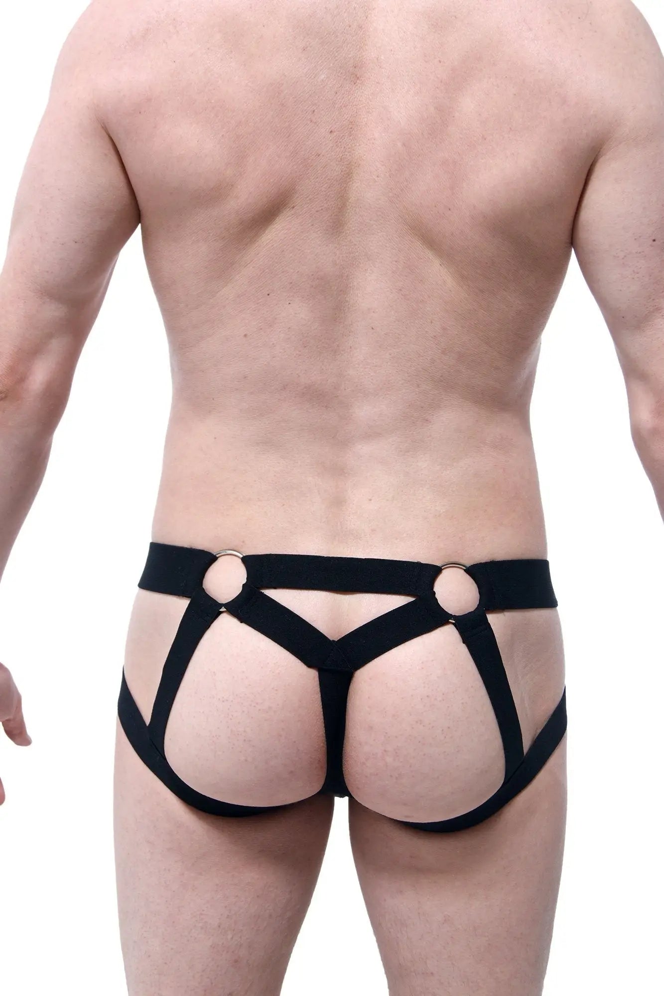 Black leather harness-style briefs with gold-toned metal rings petitq jockstring beast black front view