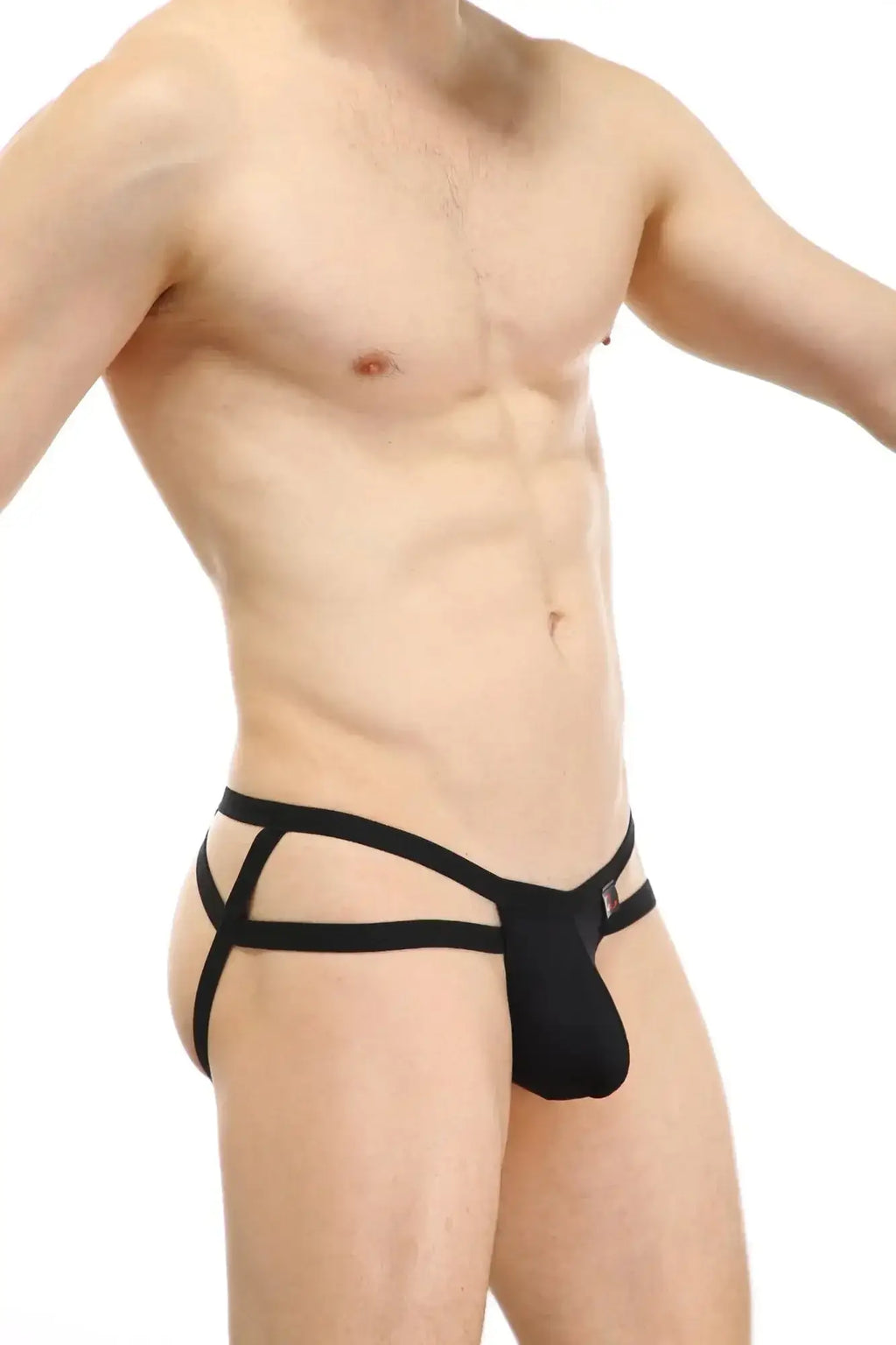 Black lace-up thong with supportive contoured design by PetitQ bohi in black shown from the back side