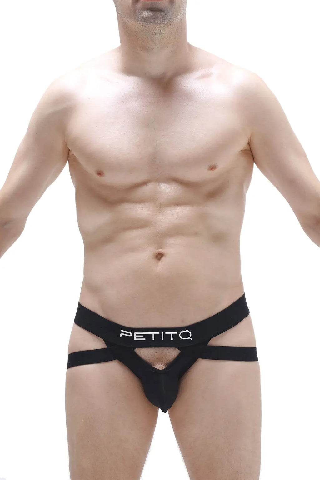 Petitq jockstring brest black mens briefs with distinctive cut black fabric and white petito logo on waistband