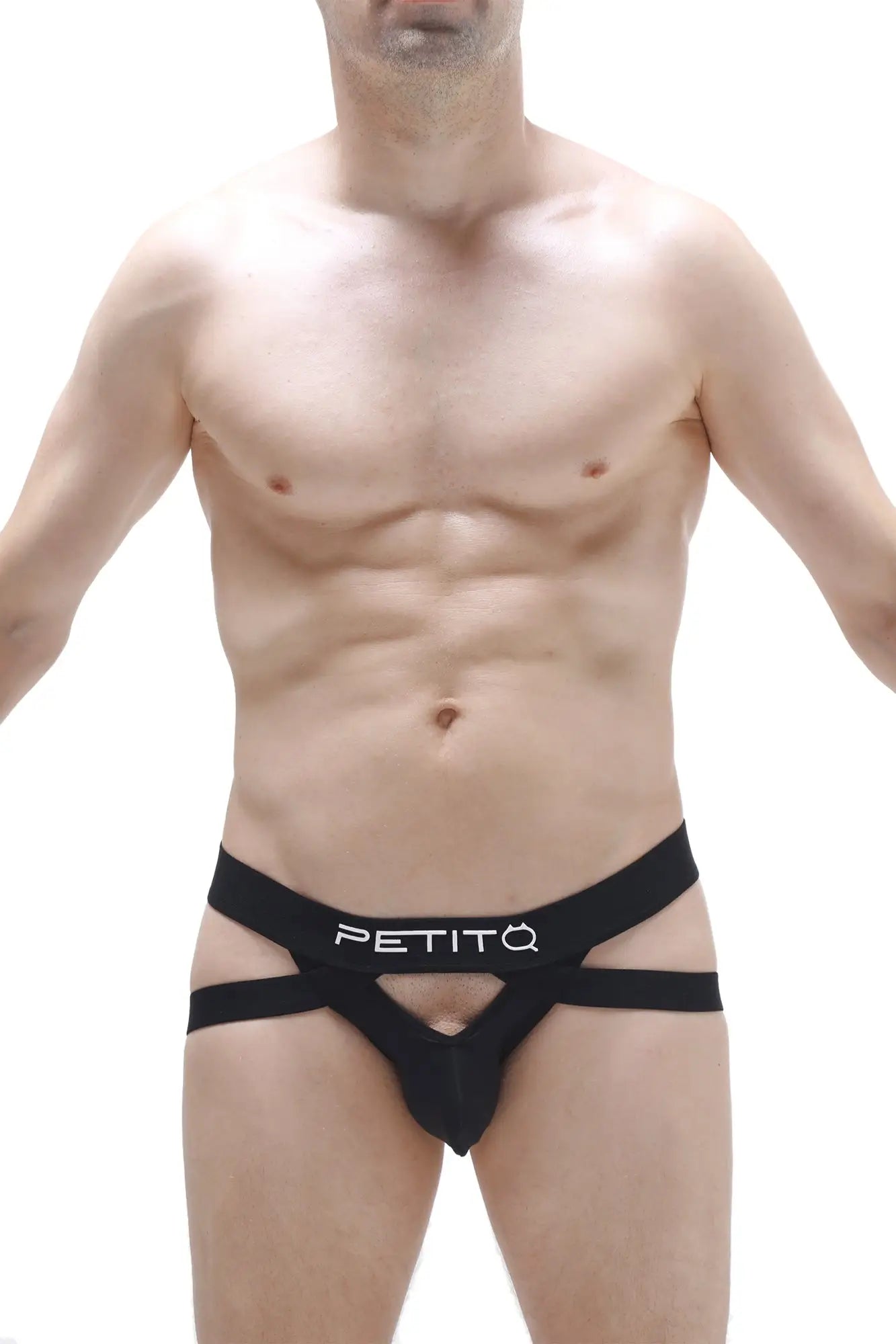 Petitq jockstring brest black mens briefs with distinctive cut black fabric and white petito logo on waistband