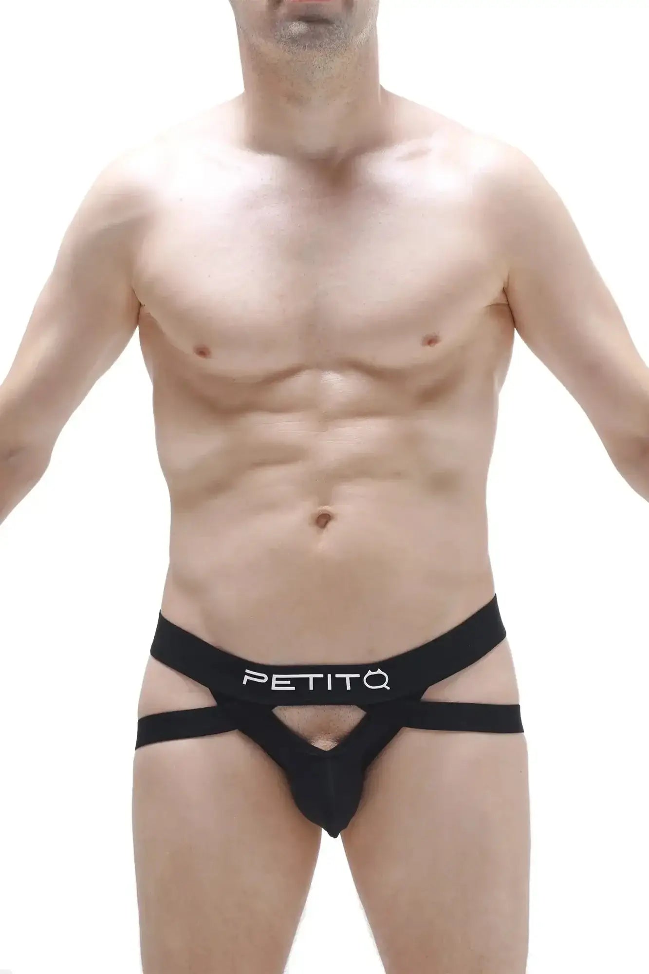 Petitq jockstring brest black mens briefs with distinctive cut black fabric and white petito logo on waistband